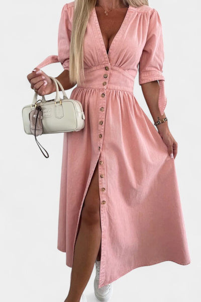 Adelina | Robe Midi à Boutons et Décolleté en V